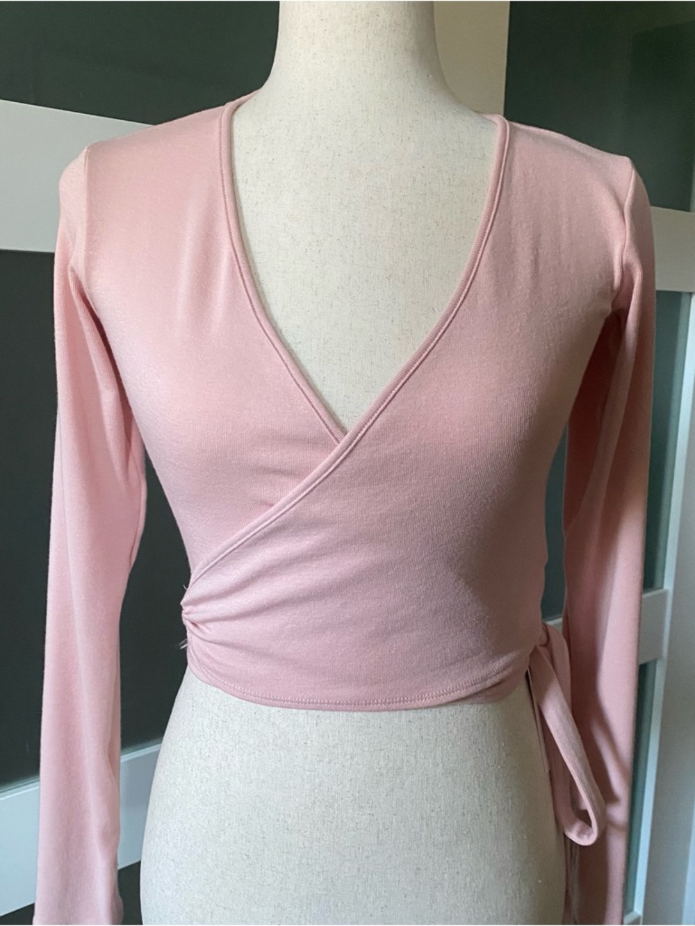 Women's Pink V Neck Wrap Around Tie Top